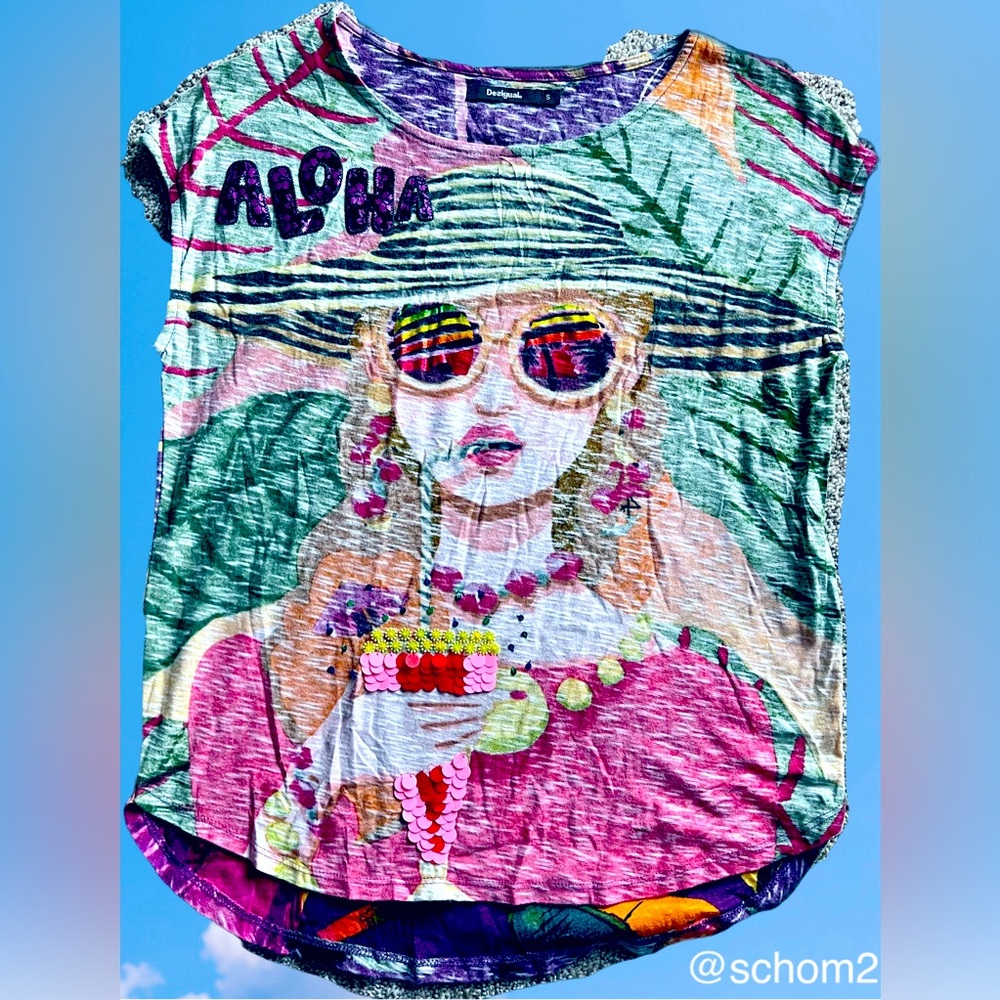 Desigual Sz S Vacation Aloha Tropical Beach Shirt Sunglasses